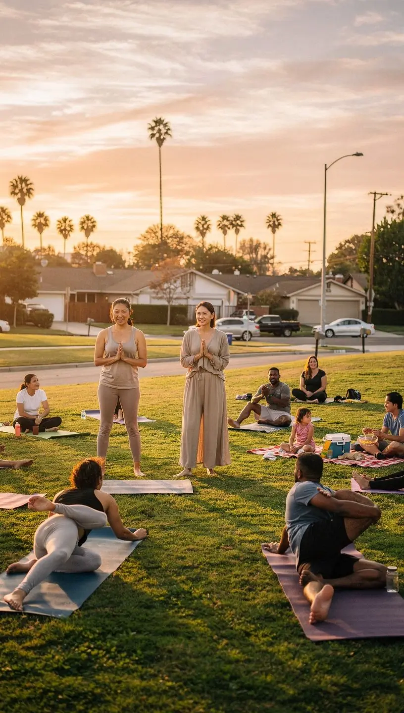 Close-up of hands typing on a laptop with a community blog open on the screen.